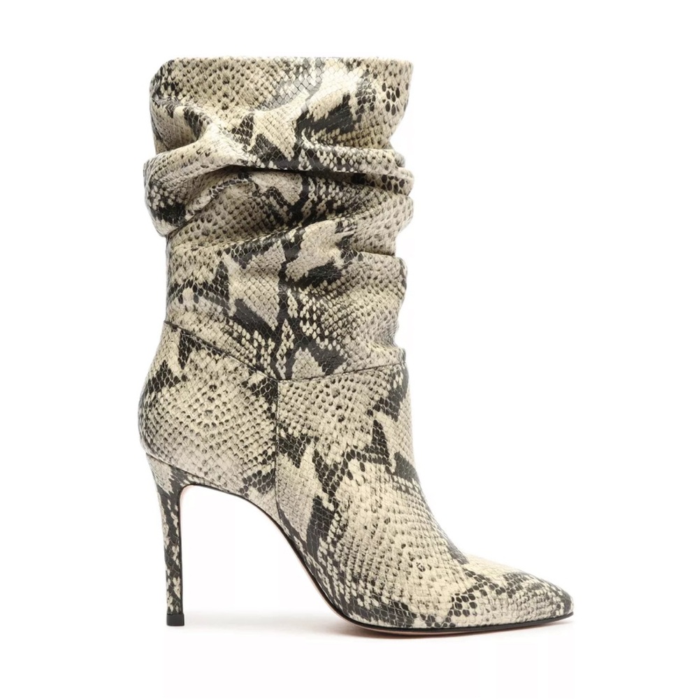 Black Suede Studio Snake Print Slouchy Boots | Pointed Toe Stiletto Booties